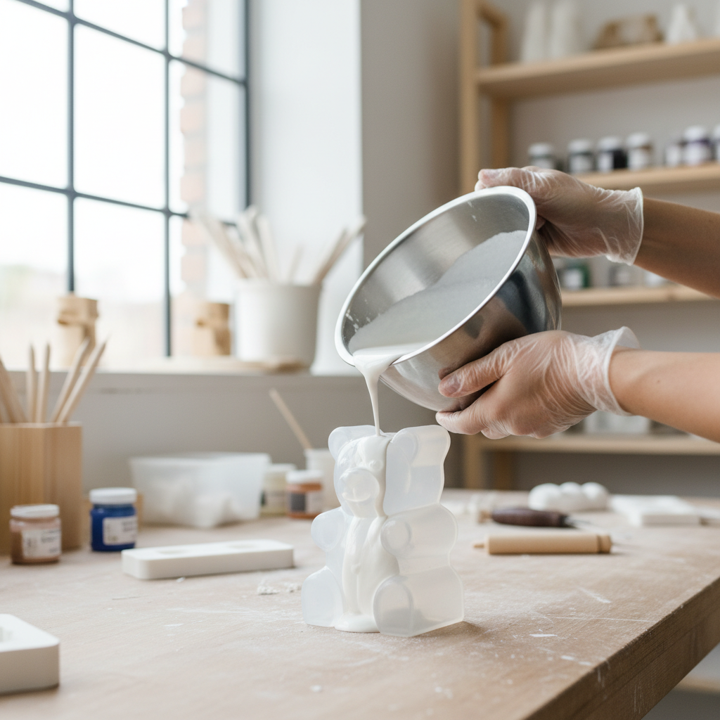 하얀색 석고 반죽을 실리콘 곰돌이 몰드에 정교하게 붓는 손의 클로즈업 장면, 밝고 깨끗한 공방 배경과 자연광이 어우러진 고화질 이미지