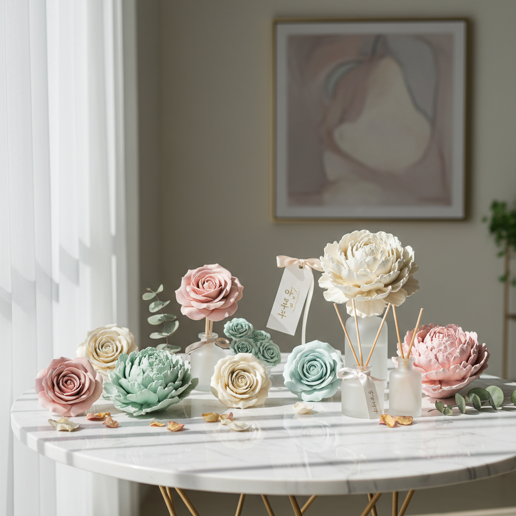 파스텔 톤의 장미와 모란 모양 석고 방향제들이 고급스러운 대리석 테이블 위에 놓여 있는 우아하고 감성적인 정물 사진