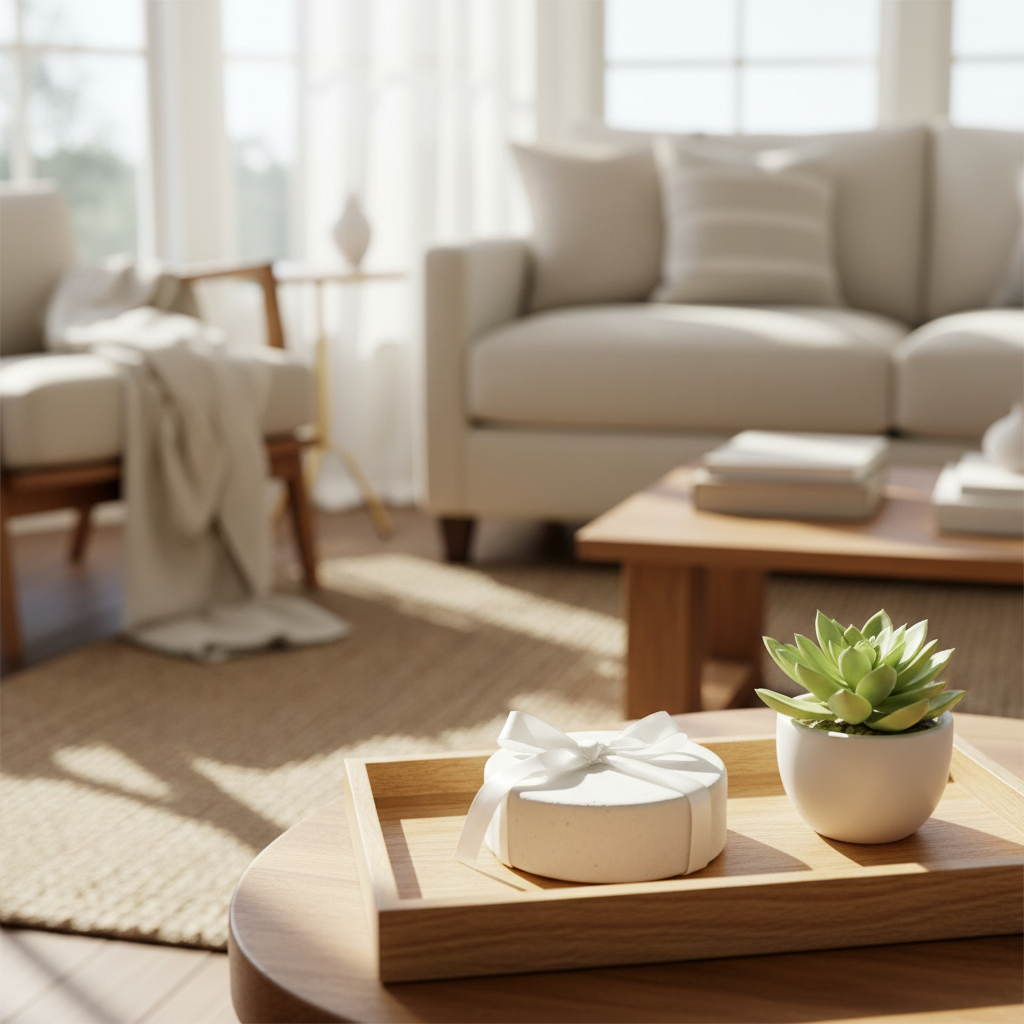 화이트 리본이 달린 석고 방향제가 우드 트레이 위에 놓여 있고, 옆에는 작은 초록색 다육 식물이 배치된 햇살 가득한 거실 인테리어 연출