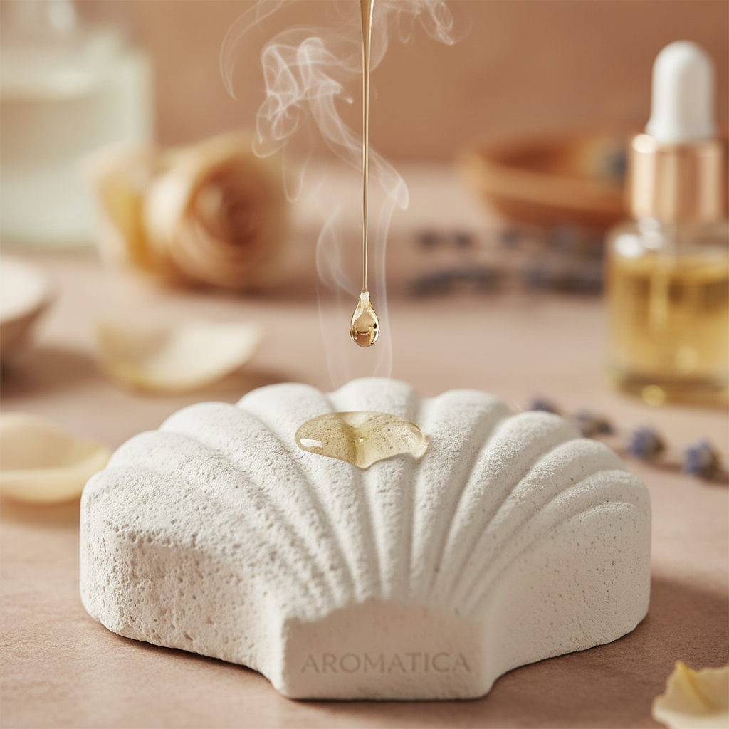 조개껍데기 모양의 석고 방향제 표면에 향기로운 에센셜 오일 한 방울을 떨어뜨리는 순간을 포착한 매크로 감성 사진