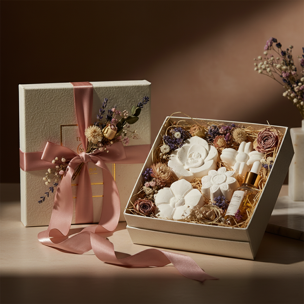 드라이 플라워와 함께 고급스럽게 포장된 석고 방향제 선물 세트, 실크 리본 장식과 부드러운 조명이 강조된 프리미엄 패키지 이미지