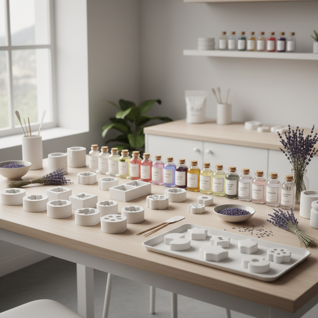 다양한 실리콘 몰드, 향료 병, 드라이 라벤더가 가지런히 정리된 석고 방향제 제작용 작업대, 화이트 톤의 깔끔한 미니멀리즘 작업실