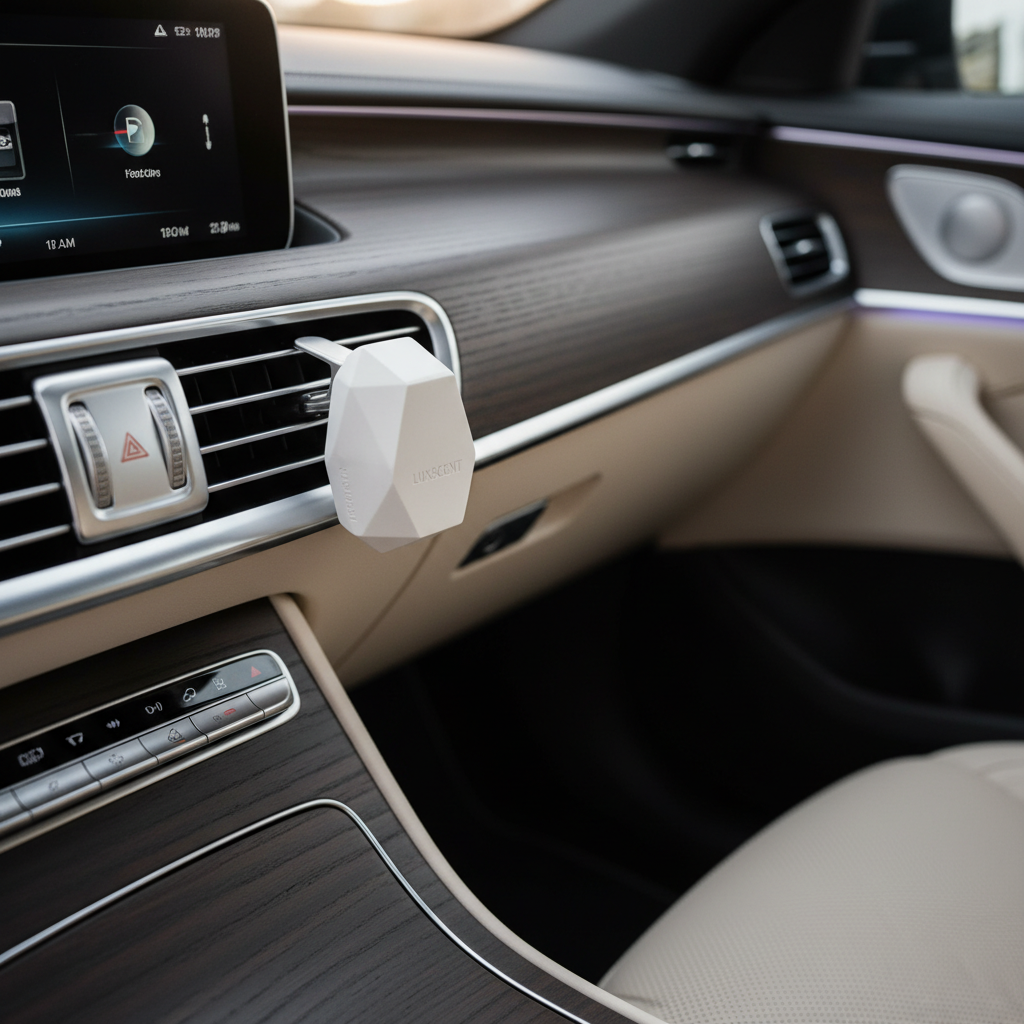 자동차 송풍구에 장착된 모던한 기하학적 형태의 석고 방향제, 세련된 차량 내부 인테리어와 조화를 이루는 고해상도 이미지